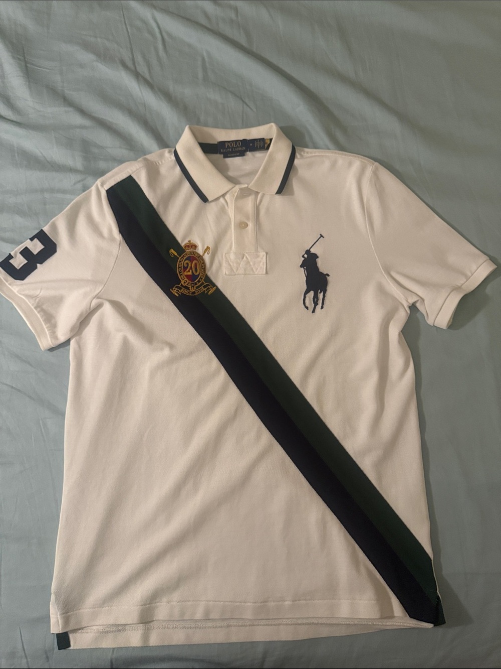 Polo by Ralph Lauren White Polo with Navy & Green Diagonal Stripe